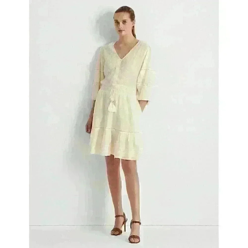 NEW! Lauren Ralph Lauren Women's 12 Crinkle Cotton Blouson-Sleeve Dress NWT $185 - Picture 2 of 2